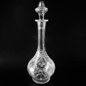 Vintage Etched Glass Decanter Bottle With Floral and Bow Design & Stopper